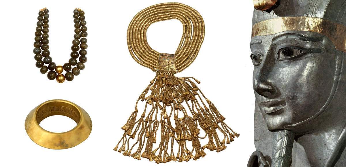 Ancient jewelry treasures from intact egyptian tomb Pharaoh Psusennes Tanis