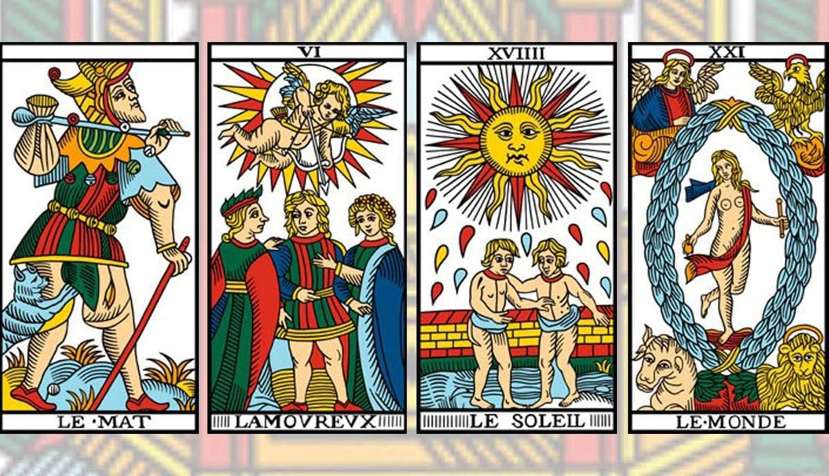TAROT - MARSEILLES DECK. The 22 major atout, or picture cards, of the Tarot.  Marseilles design of mid 19th century, re-designed with legends in English  Stock Photo - Alamy